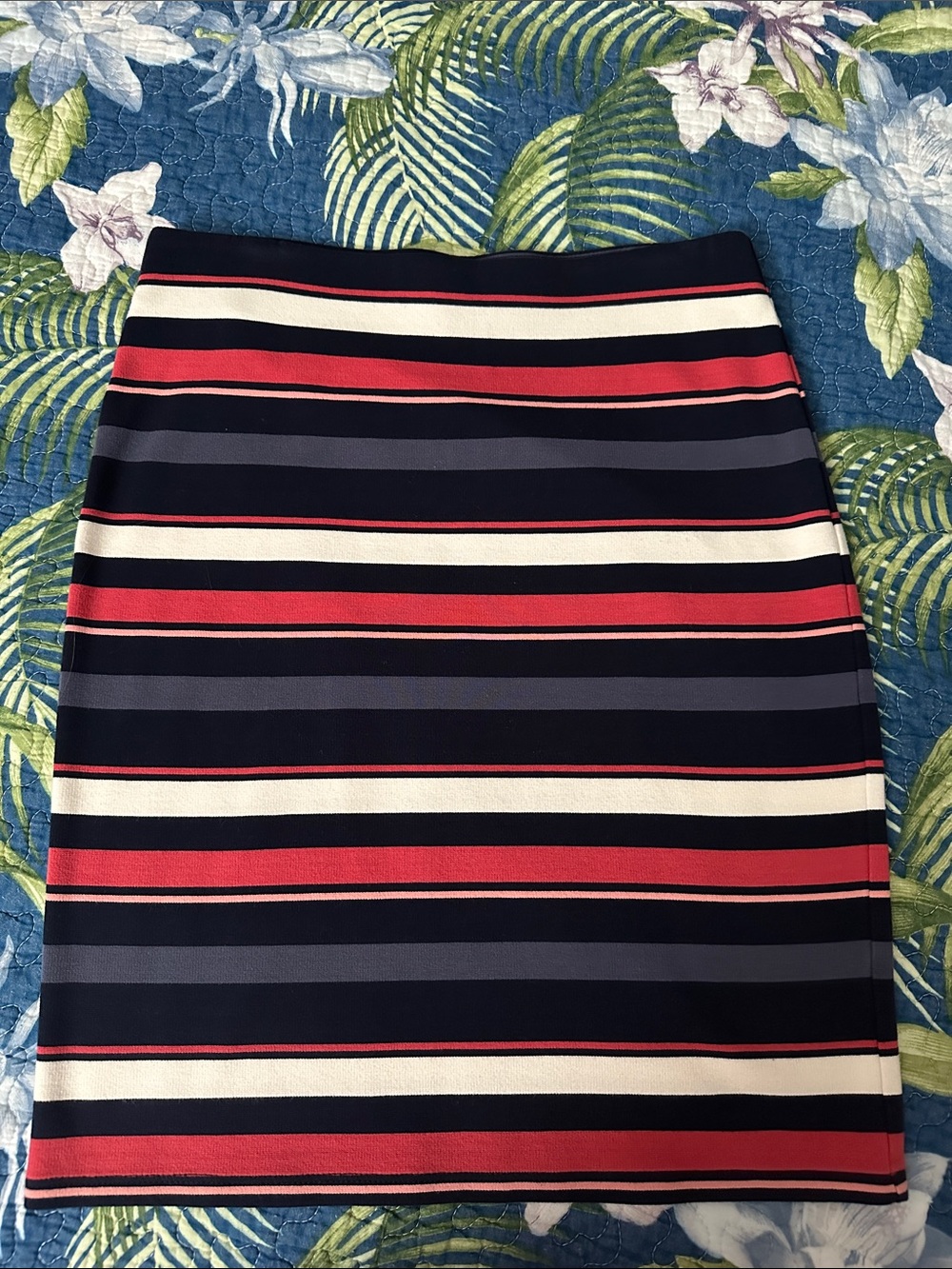 LOFT Navy, Coral & Cream Striped Pencil Skirt